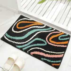 Alfombra de baño de colores con ondas sobre fondo negro