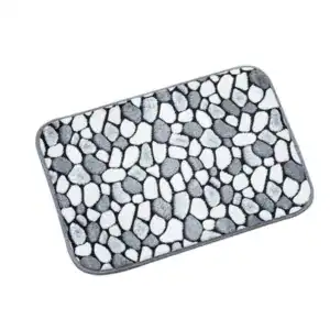 Alfombra de baño gris y blanca con piedras