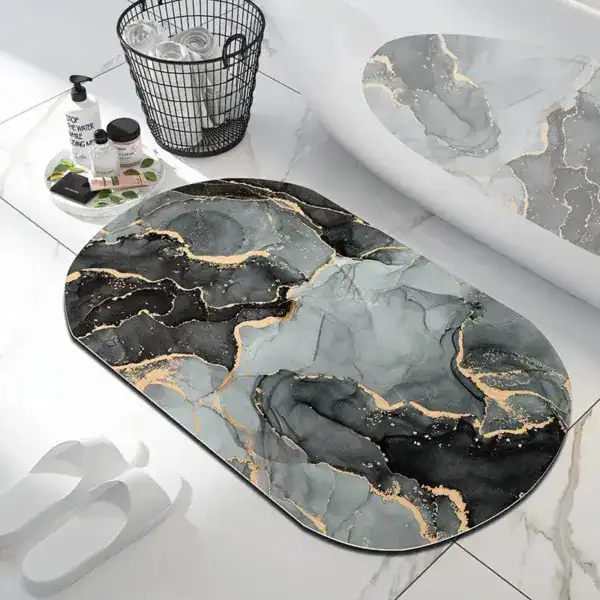 Alfombra de baño con diseño de mármol negro y dorado, antideslizante, para ducha o bañera.