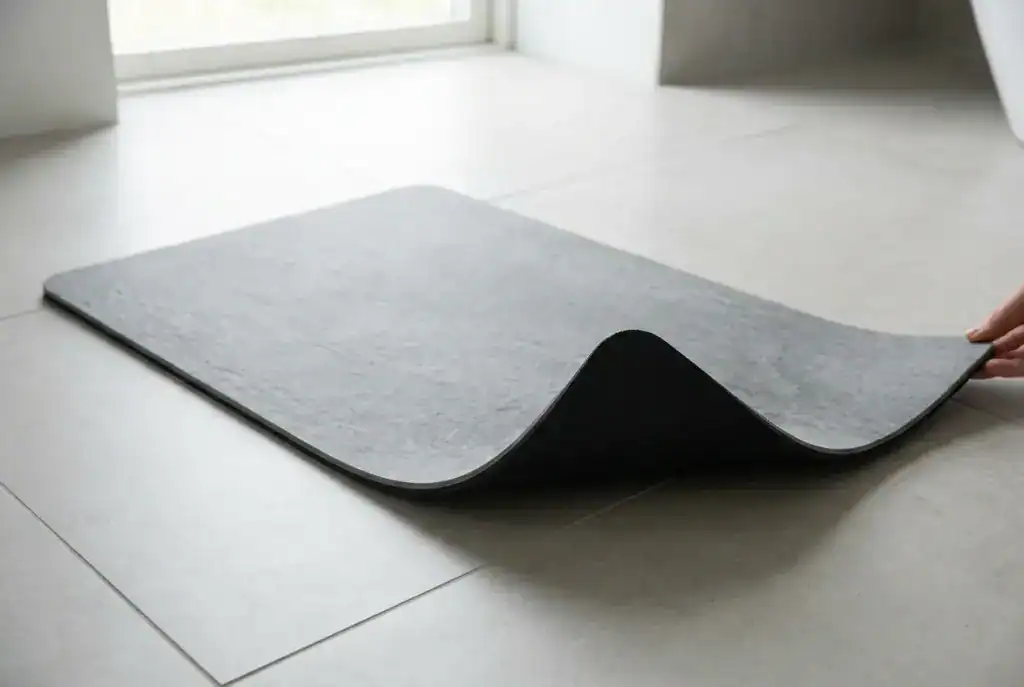 Alfombra de diatomita flexible con una esquina levantada sobre baldosas grises