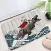 Alfombrilla baño con diseño de dinosaurio como superhéroe en estilo Katsushika Hokusai.