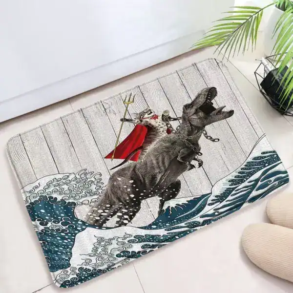 Alfombrilla baño con diseño de dinosaurio como superhéroe en estilo Katsushika Hokusai.
