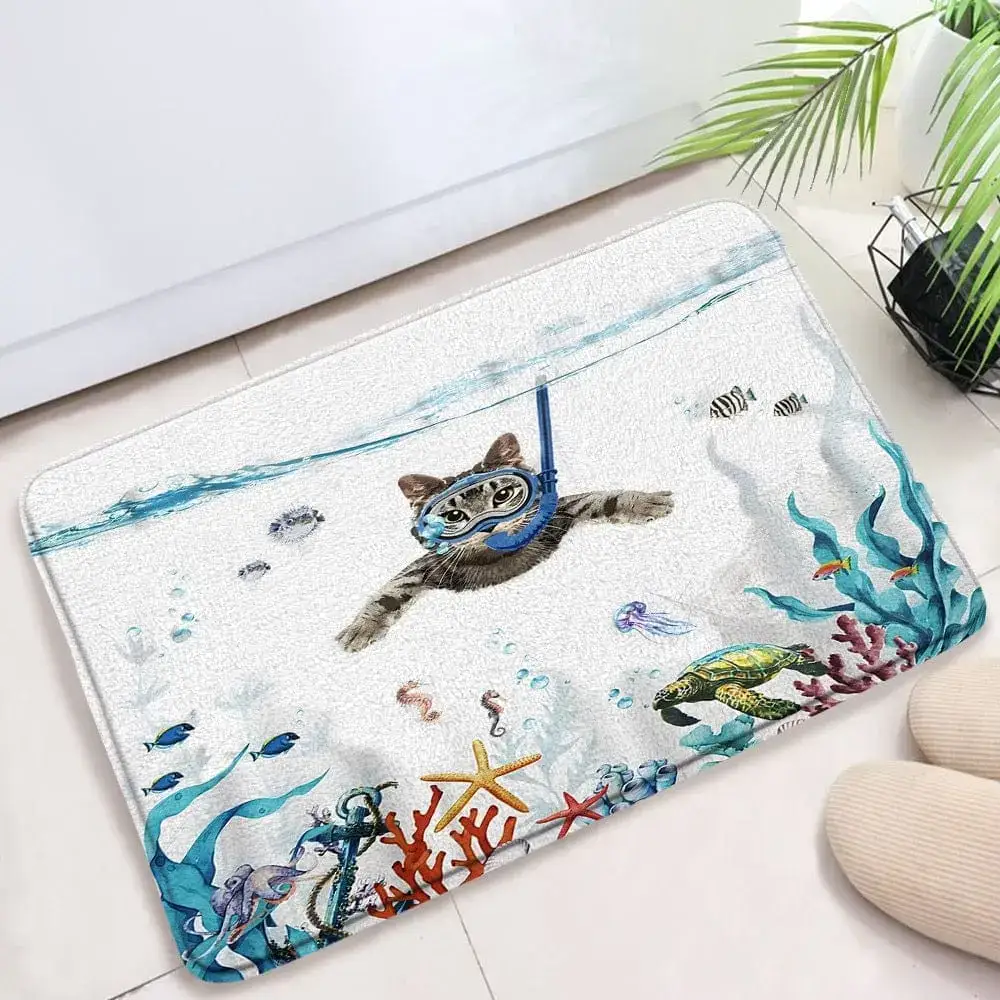 Alfombra baño con gato buceando entre peces y coral.
