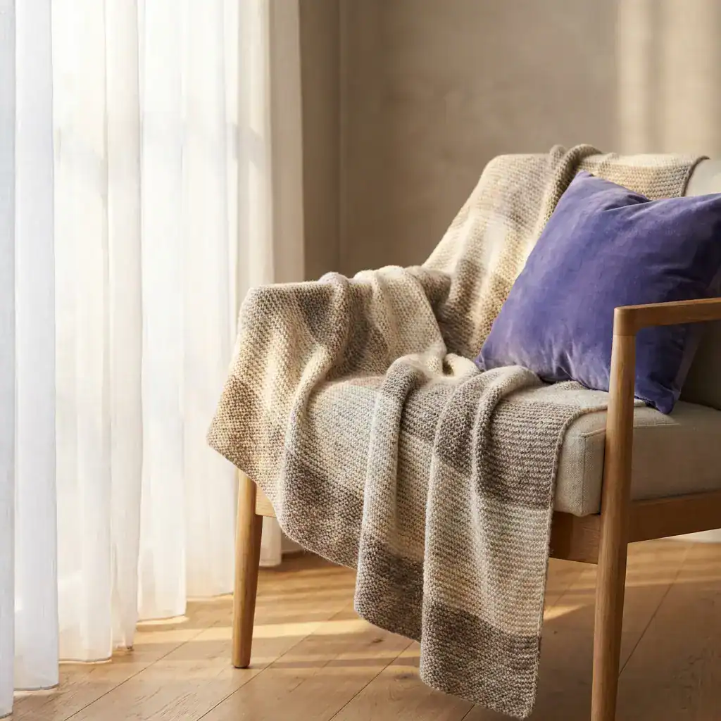Poncho plaid en laine beige et marron, drapé sur un fauteuil moderne avec coussin violet.