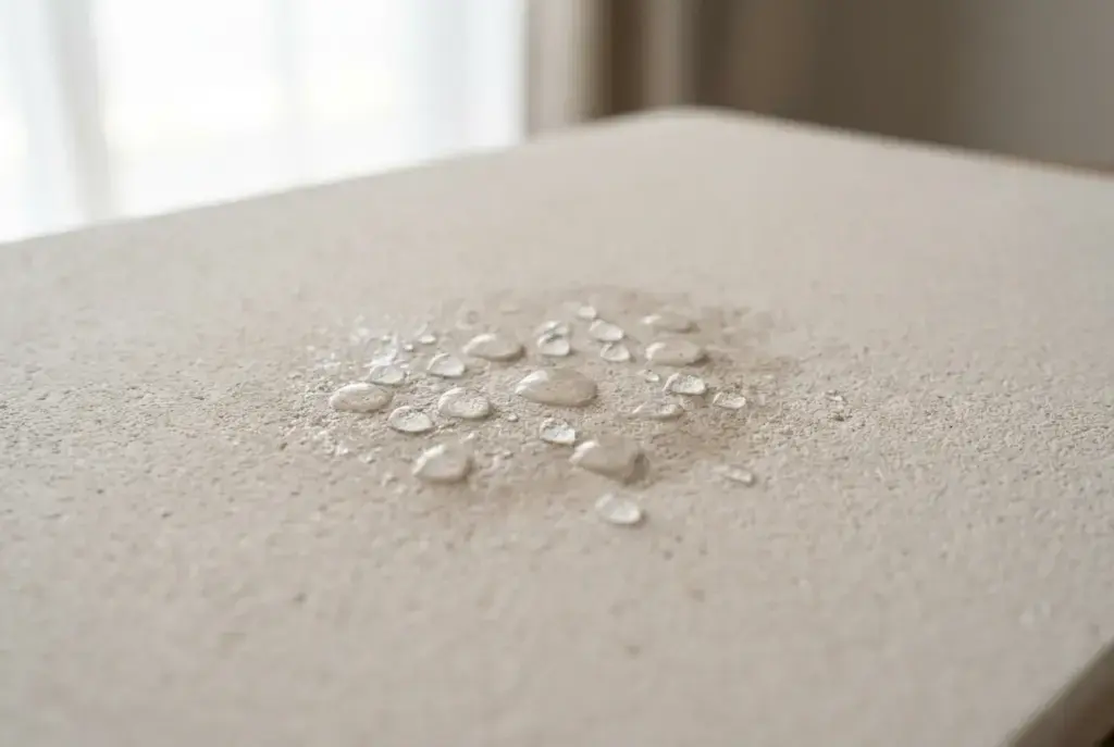 Gotas de agua sobre la superficie porosa de una alfombra de diatomita beige