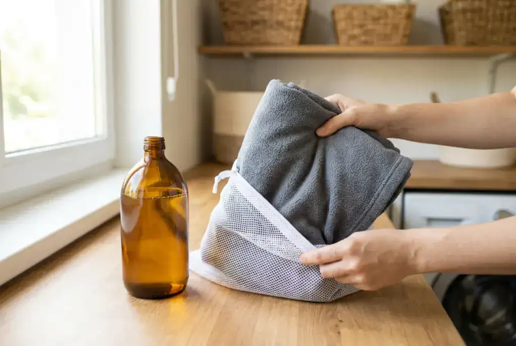 Plaid polaire gris glissé dans un filet de lavage