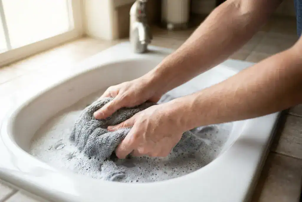 Manos lavando a mano una alfombra de baño gris en un lavabo con agua y jabón