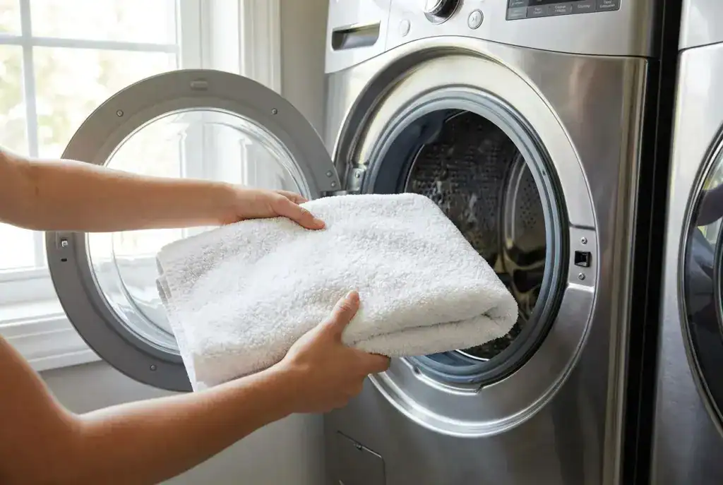 Alfombra de baño blanca doblada que se mete en la lavadora