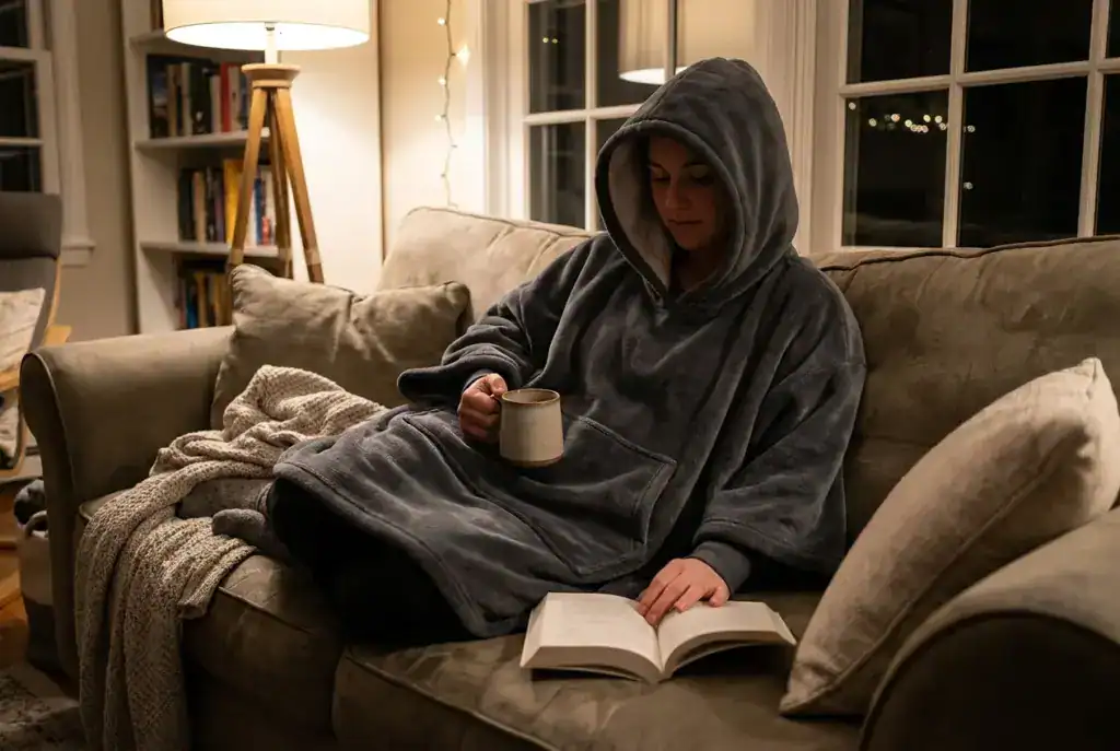 Poncho plaid gris à capuche porté sur le canapé avec un livre