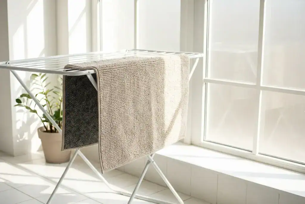 Alfombra de baño beige secándose en un tendedero junto a la ventana